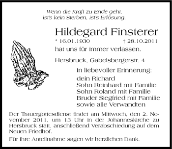 Traueranzeige von Hildegard Finsterer von Hersbrucker Zeitung